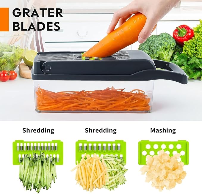 Multifunctional Vegetable Chopper - 16 in 1 Food Chopper With 8 Blades, Slicer, Dicer, Cutter for Onions, Carrots and More - Container Included (Grey)