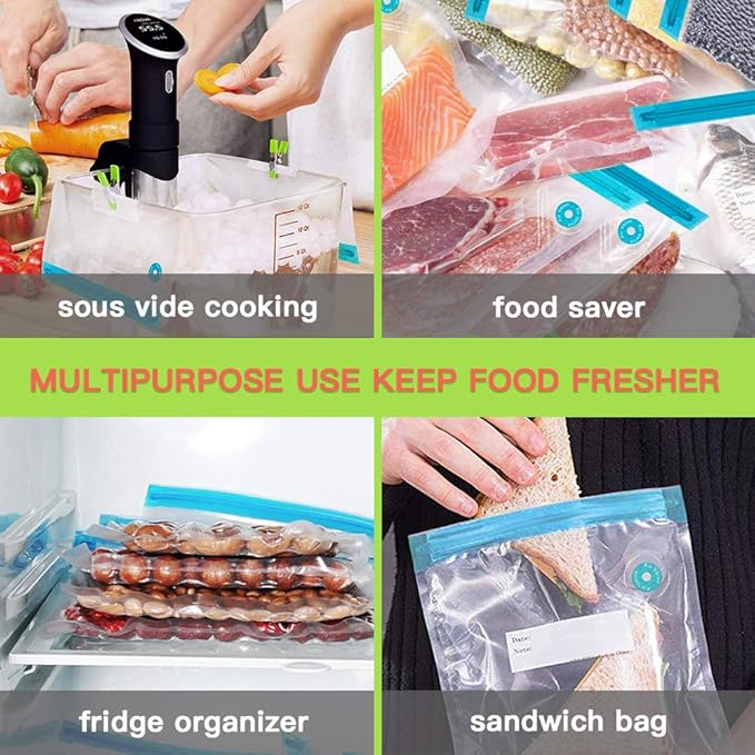 38 PCS Reusable Vacuum Zipper Bags Kit for Sous Vide Cooking, 30 Food Storage Vacuum Sealer Bags with 2 Sealing Clips and 6 Sous Vide Clips for Anova and Joule Cookers