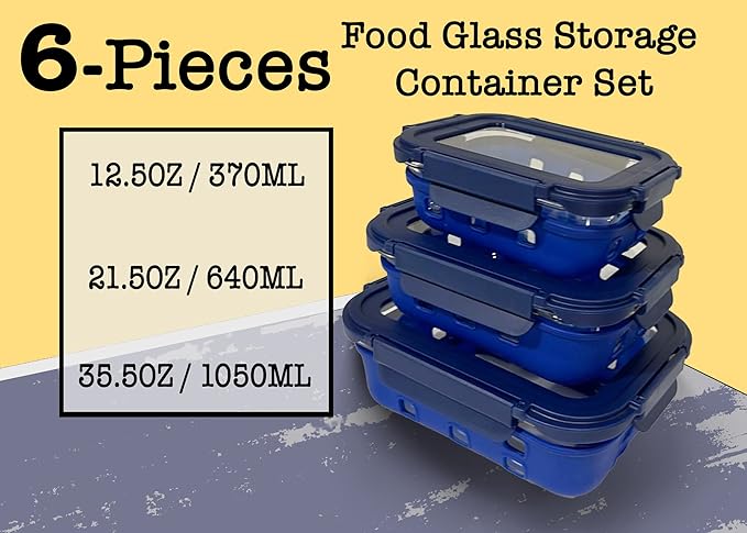 VINGO Glass Food Storage Container with Silicone Sleeve and Leak Proof Airtight Lids, Rectangular shape - 6 Pc Set (3 Containers - 3 Matching Lids) Blue