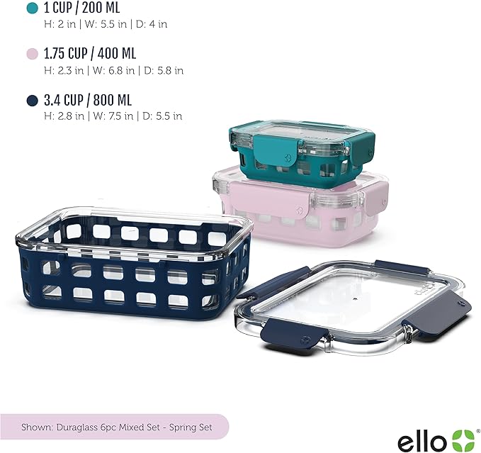 Ello Duraglass Mixed Meal Prep Sets Leak-Proof Glass Food Storage Containers with Silicone Sleeves and Airtight BPA-Free Lids, Dishwasher, Microwave, and Freezer Safe