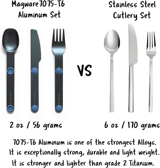 FULL WINDSOR - MAGWARE Magnetic Camping Cutlery Set - Travel Utensils for Camping, Cooking, and Outdoor Dining - Knife, Fork & Spoon - Portable Silverware with Pouch - Blue (3 PCS)