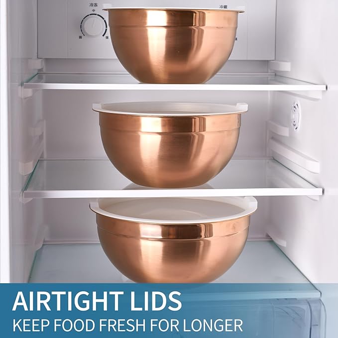 Rose Gold Mixing Bowls With Airtight Lids,Stainless Steel Bowl,Salad Bowls 5 Piece Colorful Nesting Bowl Gold Kitchen Accessories,Size 5.5,3.6,2.7,2.1,1.5QT Stackable Design