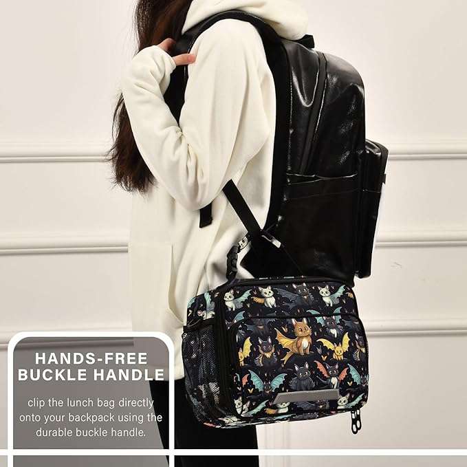 MNSRUU Student Lunch Bag Gothic Skull Cat Bat Insulated DinnerTotes Picnic Bag Lunch Box with Adjustable Shoulder Strap for Teen Kids Adults