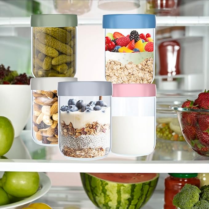 6 Pack 16Oz Glass Jars with Lids, Overnight Oat Jar with Lid, Wide Mouth Mason Jar Airtight Glass Food Storage Containers for Snacks Salad Fruit Yogurt Cereal Meal Prep Leak Proof