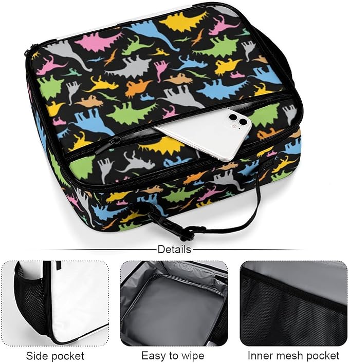 Colorful Dinosaur Reusable Lunch Box Insulated Lunch Bag Cooler Bag Lunchbox Meal Food Container Tote Bag for Women Kids Girls School Camping Hiking Picnic Beach Travel