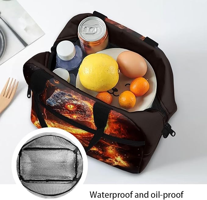 Showudesigns Snake Insulated Lunch Bag for Teen Boys Fire Lunch Box Lightweight Lunch Containers for School Work Office Travel Picnic Lunch Tote Box Thermal Meal Containers Black