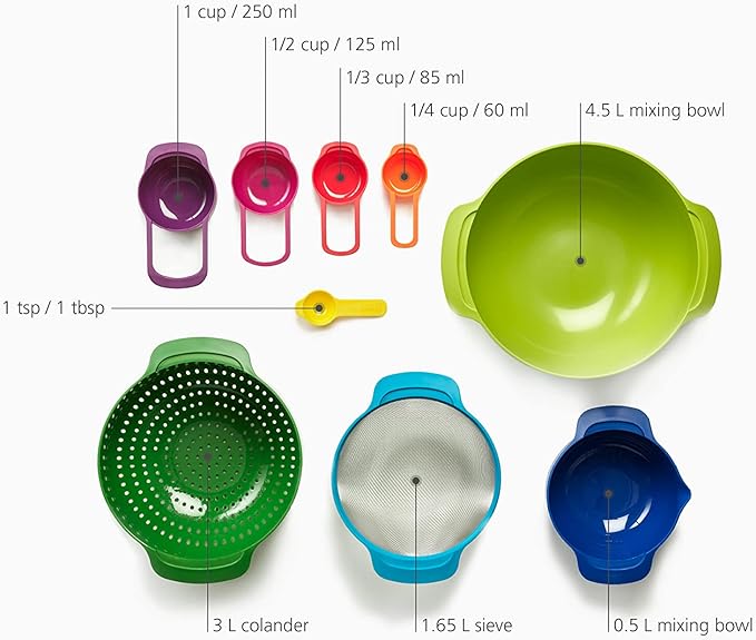 Joseph Joseph Nest 9 Plus, 9 Piece Compact Food Preparation Set with Mixing Bowls, Measuring cups, Sieve and Colander, MultiColor