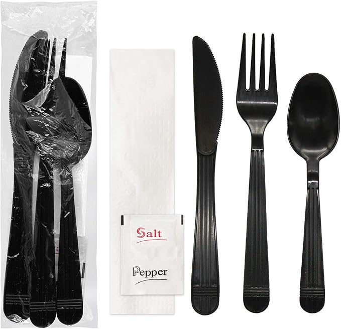 Party Essentials Individually Wrapped Black Plastic Cutlery Packets/Heavy Duty Silverware Kits, Fork/Spoon/Knife/Napkin/Salt/Pepper, 100 Sets