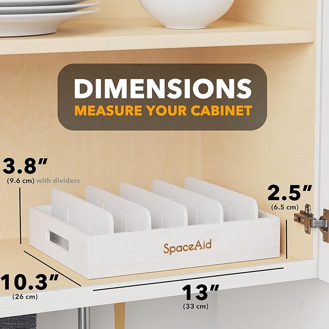SpaceAid Bamboo Lid Organizer, Kitchen Pantry Lids Holder with 5 Adjustable Dividers for Cabinets, Food Storage Container Organizers, White