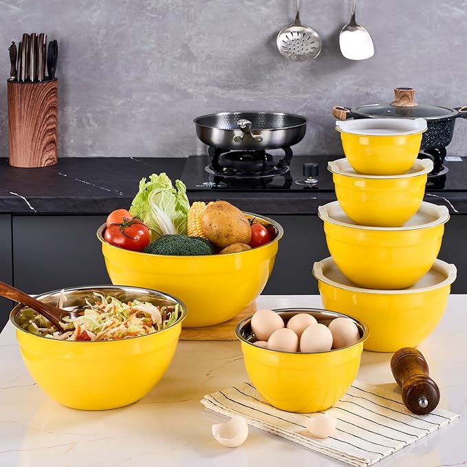 Yellow Mixing Bowls With Airtight Lids,Stainless Steel Bowl,Salad Bowls 7 Piece Colorful Nesting Bowl Rainbow Kitchen Accessories,Size 7,3.6,2.7,2.1,1.5,1.1,0.8QT Stackable Design