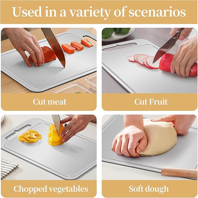 Titanium Cutting Board-Pure Titanium Cutting Boards For Kitchen,Double-Sided Metal Cutting Board with Juice Groove, Separates Meat and Vegetables, Dishwasher Safe (Pure White 14×10 Inch)