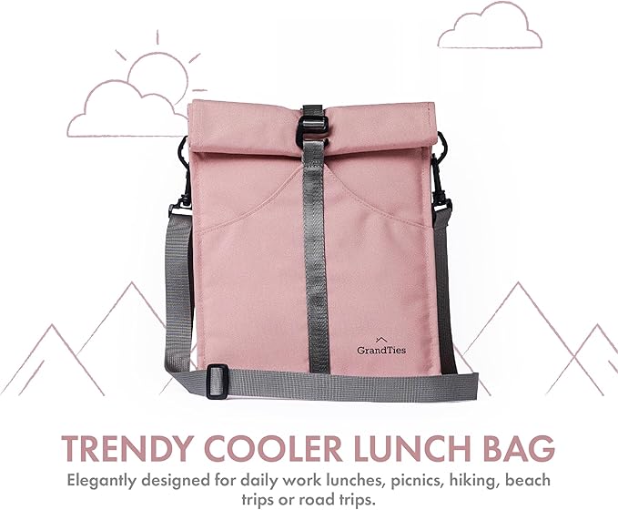 GRANDTIES Insulated Lunch Bag for Women, Men, Adults - Rolltop Leak Proof Meal Prep Lunch Box Containers, Reusable Snack Bags, Travel Cooler, Small Soft Cooler Bag, Fold Top Sandwich Bags, Pink