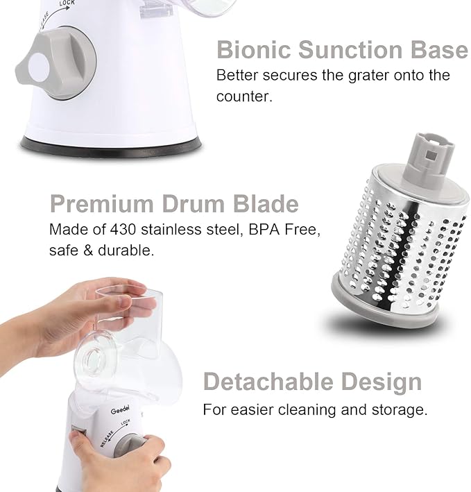 Geedel Rotary Cheese Grater, Kitchen Mandoline Vegetable Slicer with 3 Interchangeable Blades, Easy to Clean Rotary Grater Slicer for Fruit, Vegetables, Nuts