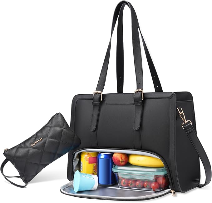 Lunch Tote Bag for Women, 15.6 Inch Laptop Bag with Insulated Lunch Compartment,Black