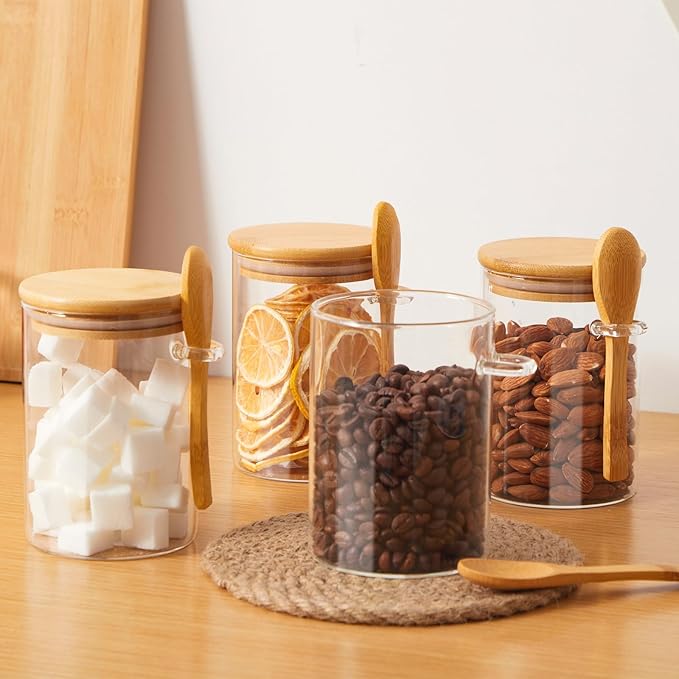 Set of 4 Airtight Glass Jars with Bamboo Lids and Spoons, 22 OZ Overnight Oats Containers with Lids,Glass Food Storage Jars Perfect for Coffee, Tea, Sugar, Spices, Beans, and More