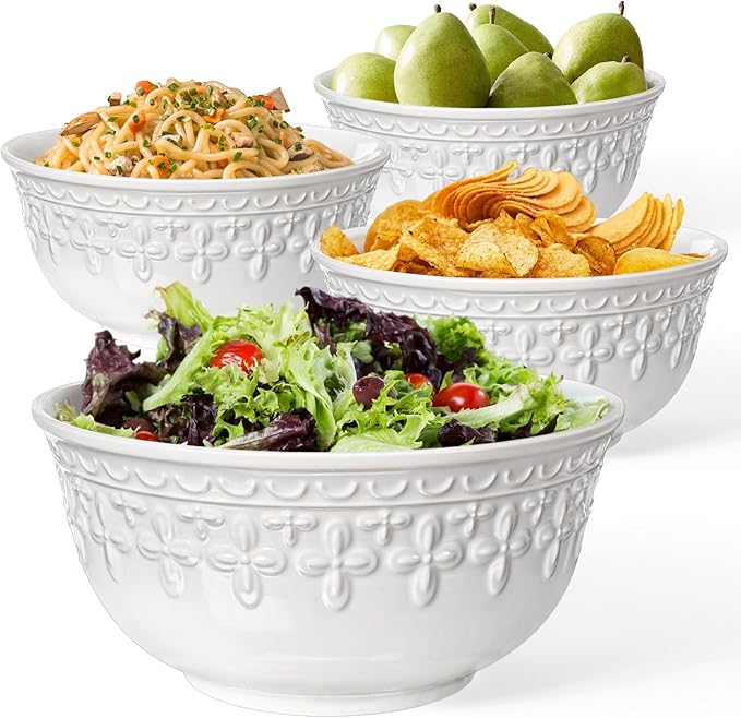 Large Salad Bowls Set of 4, 60oz White Serving Bowls Deep Deep Embossed Ceramic Mixing Bowl for Soup Kitchen, Eating, Ramen, Pasta, Dishwasher & Microwave Safe 8 inch (Cross Floral)