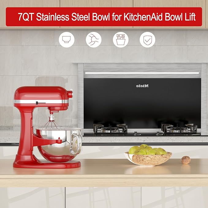 7QT Stainless Steel Mixer Bowl for Kitchenaid Stand Mixers, Kitchen Aid Mixing Bowl for 7QT Lift Mixer with Handle
