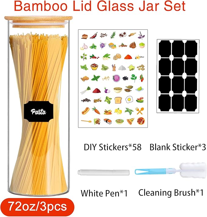 Glass Jars with Bamboo Lids, 72oz 3Pcs Kitchen Glass Containers with Bamboo Lids, Airtight Glass Pantry Storage Containers with Lids for Spaghetti, Pasta, Rice, Nuts, Flour, Bean, Dry Foods