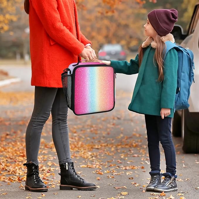 Pardick Lunch Box Rainbow Pink Glitter Insulated Lunch Bag Lunchbox with Adjustable Shoulder Strap Waterproof Cooler Bags for Travel/Picnic/Beach