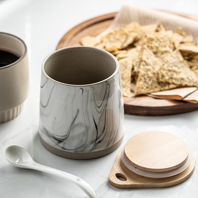 Sugar Jar Salt Container with Spoon, Condiment Spice Jars with Wooden Lids, Ceramic Sugar Bowls Canisters for Coffee Bar Station Kitchen Storage for Candy, Coffee Bean, Pepper - Marble Design