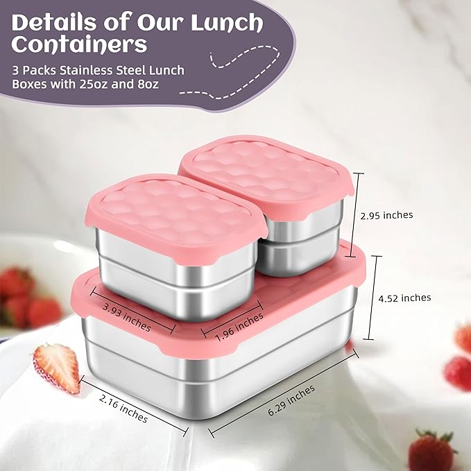 HaWare Stainless Steel Lunch Box for Kids, Leak Proof Food Storage Containers with Silicone Lids, Reusable Easy-Opened Lunch Containers, Portable Metal Snack Box, Dishwasher Safe (8oz*2+25oz)