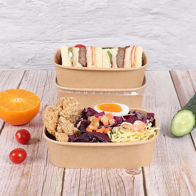 17 oz Disposable Kraft paper bowls with lids, Rectangle Food containers Soup Bowls Party Supplies Treat Bowls 50 Pack