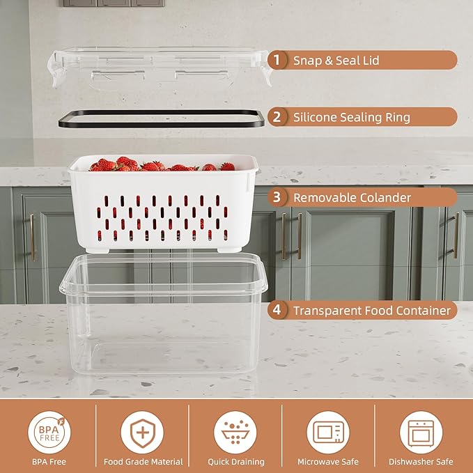 10 Pack Fruit Storage Containers for Fridge with Removable Colanders - Food Storage Containers with Lids, BPA-Free Produce Containers Keep Fruits, Vegetables, Berry, Meat Fresh Longer