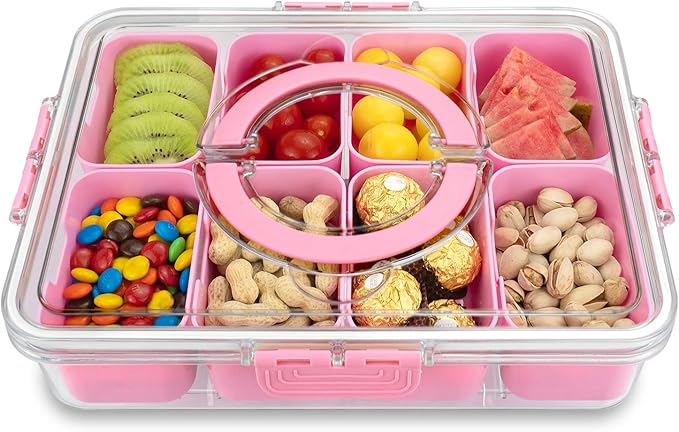 Divided Serving Tray with Lid and Handle,8 Compartments Snacks Box,Snack Fruit Tray,Veggie Tray,Portable Platter for Candy Fruits Nuts Snack Party Entertaining Picnic