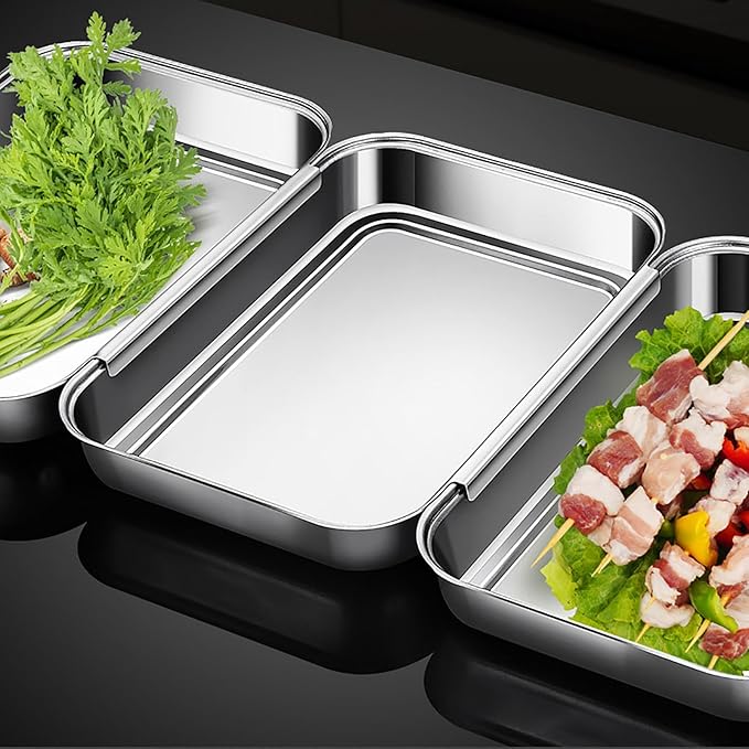 3Pcs Stainless Steel Breading Pans Set, Interlocking Pans for Breading Chicken Breasts,Pork Cutlets,Fish Chips and More (8.5" x 5.8" x 1.2")