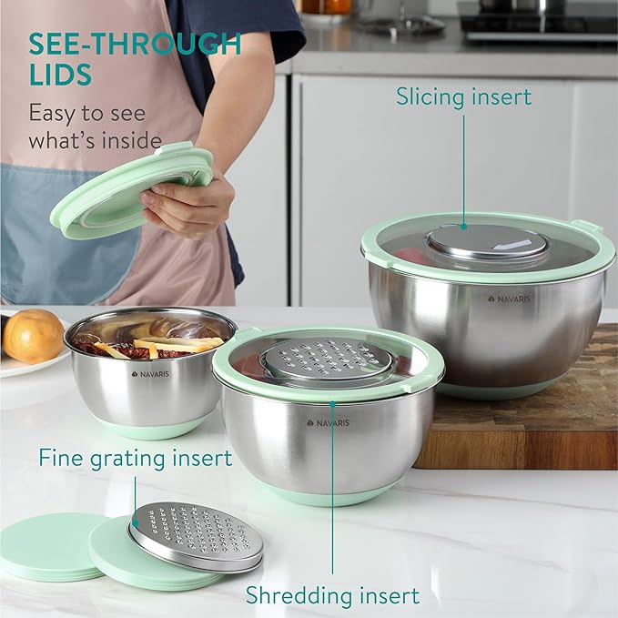 Navaris Stainless Steel Mixing Bowls with Graters (Set of 3) - Baking or Cooking Bowl Set with Lids, Grater Attachments, Non-Slip Silicone Base - Mint Green