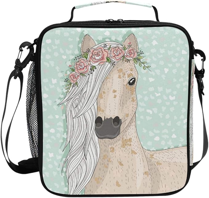 Pfrewn Cute Horse Lunch Box Unicorn Animals Flowers Fairytale Insulated Lunch Bag Reusable Cooler Meal Prep Bags Lunch Tote with Shoulder Strap for Office Adults School Kids Girls Teens