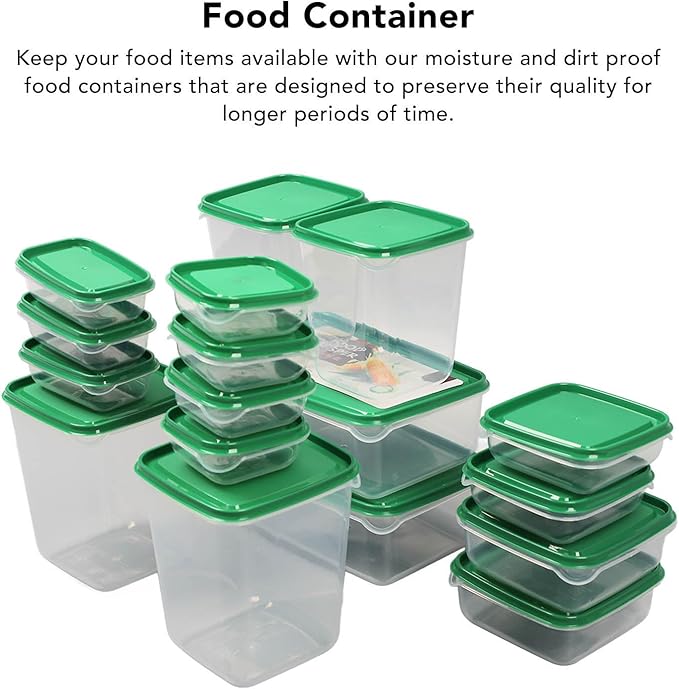 17PCS Food Container Green Fridge Bins, Leakproof Food Grade Plastic Various Sizes with Lid for Leftover Meals
