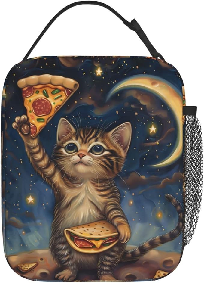 Insulated Lunch Box for Kids Boys Girls, Reusable Lunch Bag for School, Office, Work, Picnic, Travel, Cute Cosmic Cat Pizza Lunch Box
