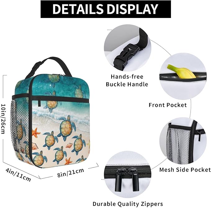 YETTA YANG Sea Turtle Beach Starfish Ocean Portable Lunch Bag Insulated Lunch Box Reusable Totes For Women Men Work Picnic Camping