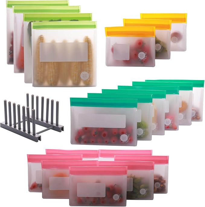 Reusable Silicone Food Storage Bags – 21-Pack Stand-Up, BPA-Free, Freezer, Dishwasher Safe & Eco-Friendly – 4 Gal, 6 L, 7 M, 3 S + Rack – Airtight Leakproof, Organization and Storage Bags (Multicolor)