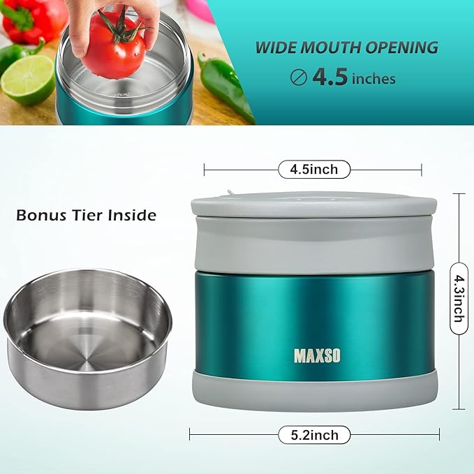 MAXSO Food Jar for Hot Food - 24 OZ Soup Thermo for Adults Vacuum Insulated Lunch Containers with Foldable Spoon & Thermal Bag, Wide Mouth Leakproof Bento Box - Green