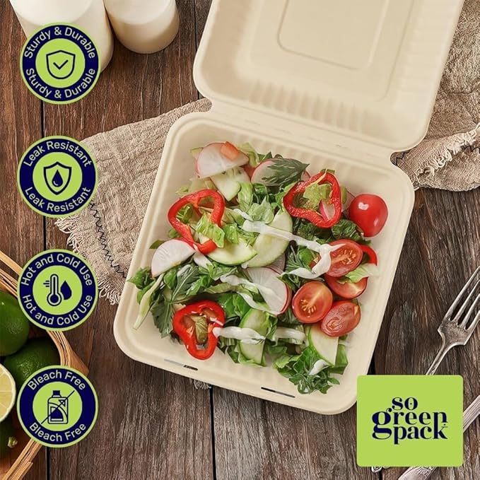 100 Packs Disposable 9x9 Clamshell Take-Out Container Compostable Biodegradable Bagasse & Eco-friendly To Go Container for Food
