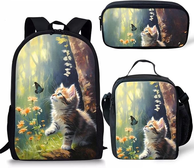 Dolyues Cat Pattern Kids Backpack with Insulated Lunch Box Pen Case Set Kindergarten Elementary Middle School Book Bag for Teen Girls Children Students Cute
