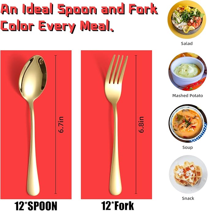24 Pieces Gold Forks and Spoons Flatware Set for 12, KITWARE Stainless Steel Silverware Colored Tableware for Home Kitchen, Outdoor, Camping, BBQ, Lunch Box