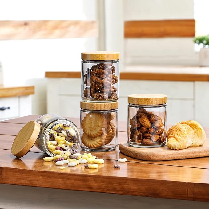 VITEVER 12 Pack Thick Glass Candle Jars with Bamboo Lids - 8 OZ, Bulk Clear Round Glass Candle Jars for Making Candles, Empty Food Storage Containers, Canning Jars for Spice, Powder, Liquid