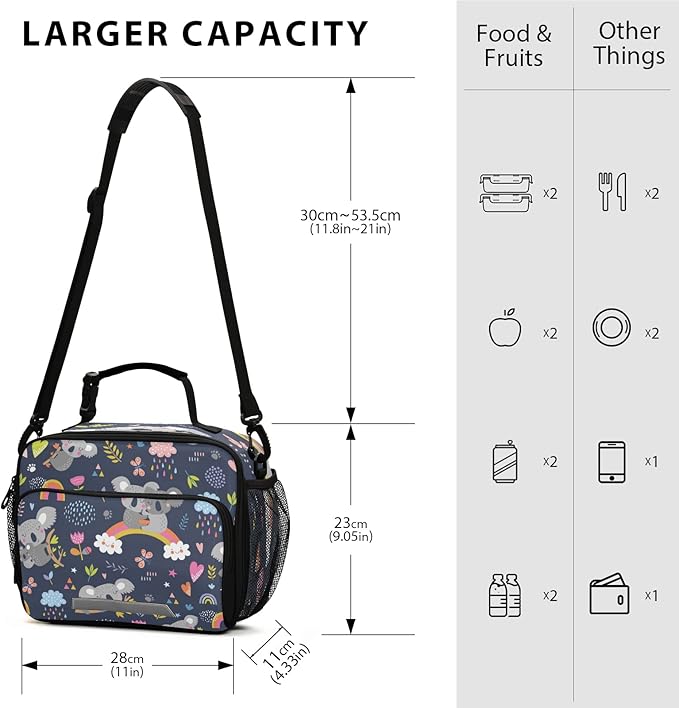 Rainbow Koala Floral Lunch Box for Kids Adults Animals Pattern Insulated Lunch Bag with Shoulder Strap Reusable Cooler Bags Lunch Tote for Office School Girls Boys Teens