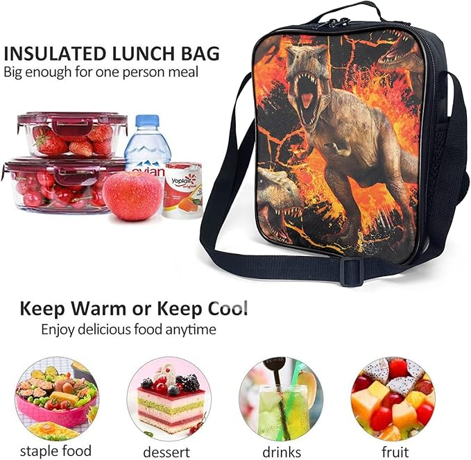 Insulated Lunch Bag for Kids, Boys Lunch Box, Dinosaur Lunch Bag with Shoulder Strap, School Bento Lunch Box for Kids Toddlers Teens, Aesthetic Cute Black Reusable Cooler Thermal Meal Tote Kit