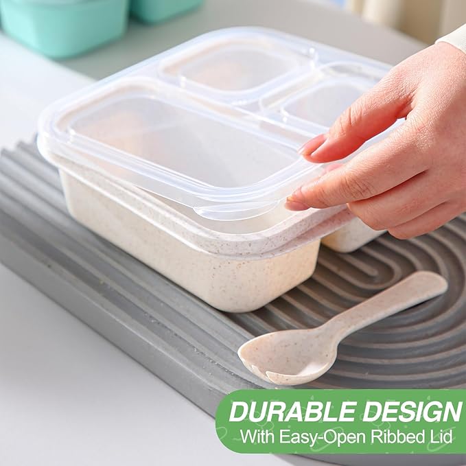 8 Pack Bento Box Lunch Container for Kids with Forks, Divided Lunch Boxes Meal Prep Food Storage Containers for Adults, Reusable Portion Control Container for School Work Travel Camp (20 OZ)