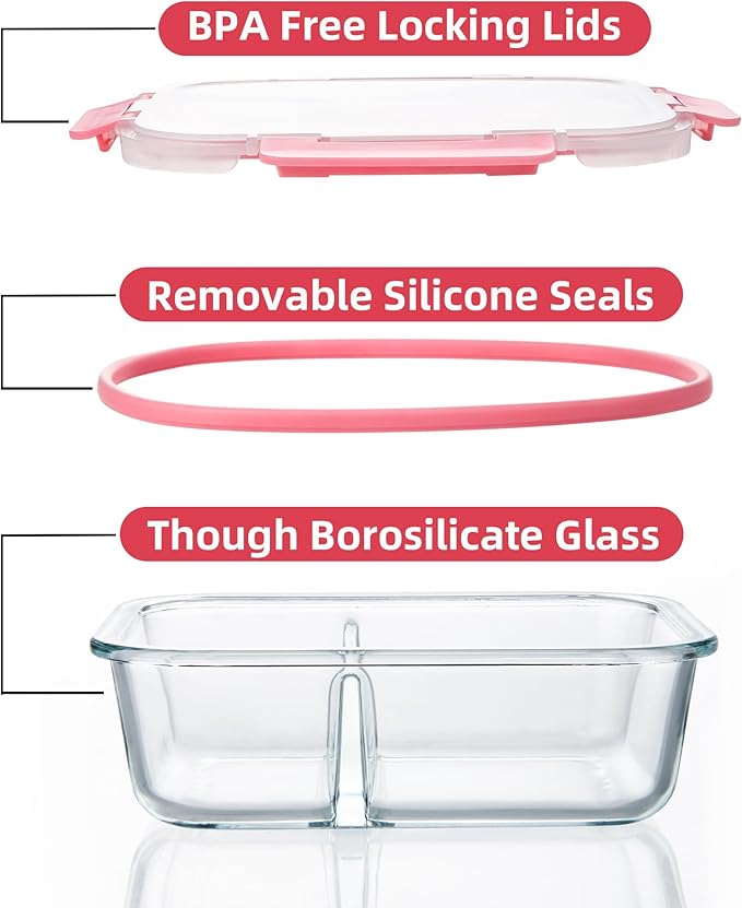 Glass Meal Prep Containers 2 Compartment with Lids (5 Pack, 36oz), Divided Glass Storage Containers for Lunch at Work, Leak-Proof Portion Control Food Containers, Microwave / Dishwasher Safe
