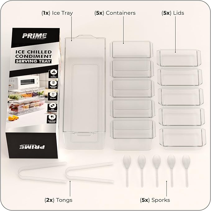 Prime Home Direct Ice Chilled Condiment Caddy | 5 Containers & 5 Lids | BPA Free | Hosting Party Supplies Serving Tray Platter | Buffet, Food Server, Fruit, Garnish, Mimosa, Salad, Taco Bar Organizer