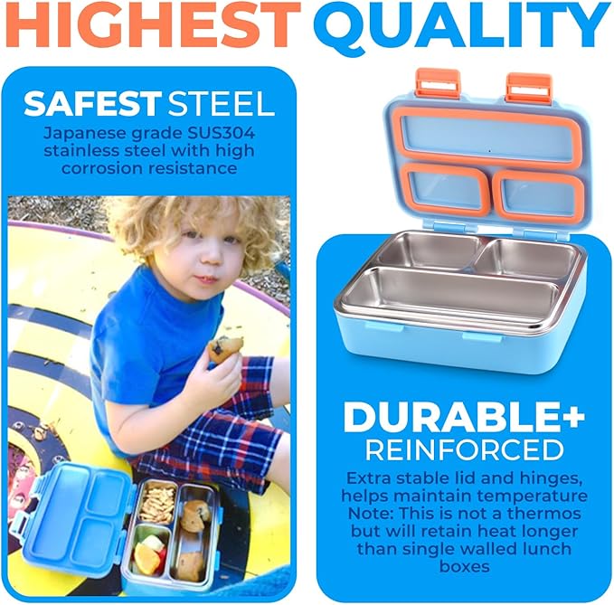 kinsho Stainless Steel Lunch Box for Baby Toddlers Boys, Mini Bento, 3 Eco Metal Portion Sections Leakproof Lid, Pre-School Daycare Lunches, Kids Spill-Proof Snack Container, 18 oz/550 mL, Blue
