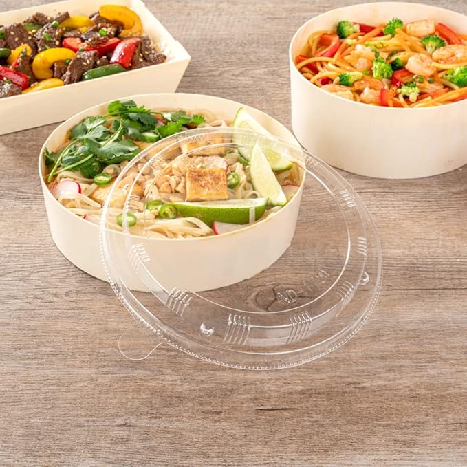 Restaurantware LIDS ONLY: Taipei 6 Inch Round Large Lids, 100 Plastic Lids For 33 oz Round Wooden Containers - Containers Sold Separately, Clear Plastic To Go Box Lids