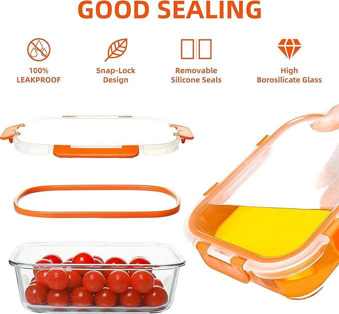 10 Pack Glass Meal Prep Containers Set, Food Storage Containers with Airtight Lids, Glass Lunch Bento Boxes,Dishwasher Safe,orange