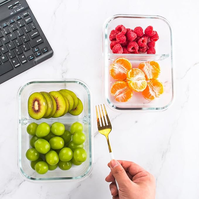 5-Pack,2 Compartment Glass Meal Prep Containers Set,34oz, Divided Food Storage Containers with Lids, Glass Lunch Box with 2 Dividers