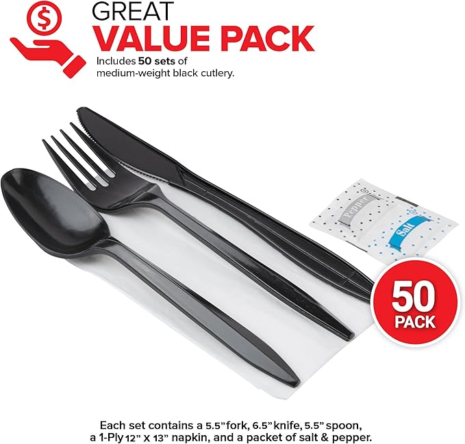 Individually Wrapped Plastic Cutlery Set with Napkin + Salt & Pepper Packets in Black (50 Count) Prewrapped Disposable Silverware Bags, Bulk Utensils: Fork, Knife, and Spoon for Togo Eating